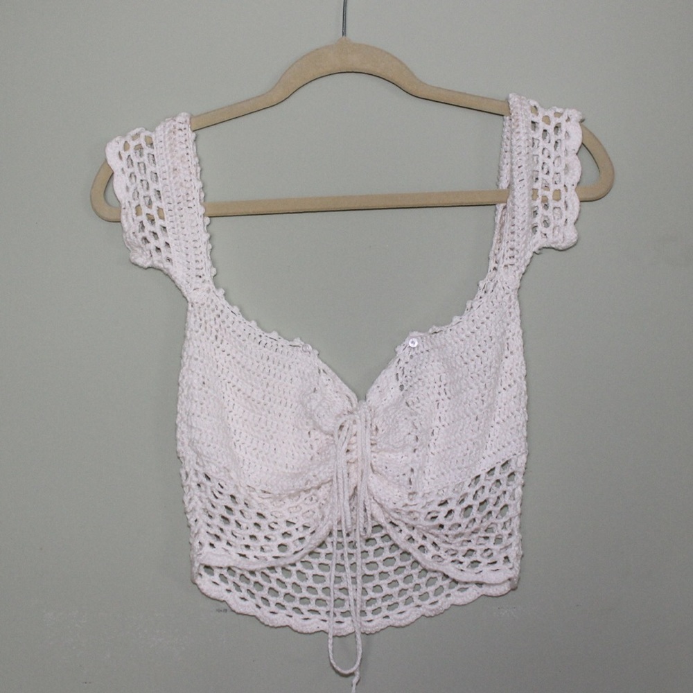 White Crochet Lace Up Top